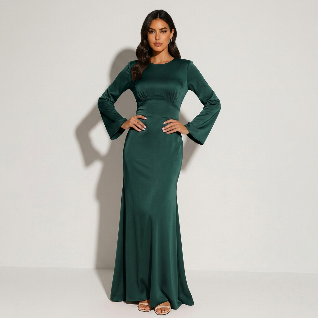 Karla | Langermet Maxikjole med Markert Midje og Elegant Fall