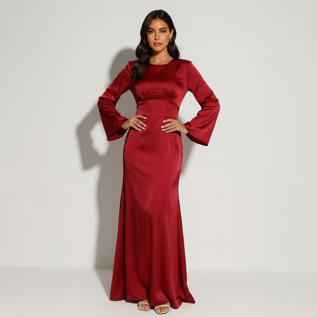 Karla | Langermet Maxikjole med Markert Midje og Elegant Fall