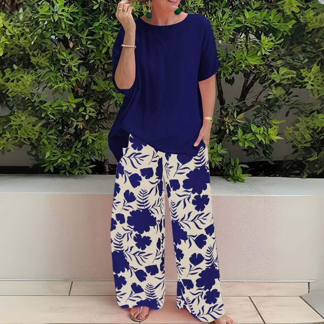 Laura | Plus Size Elegant To-delt Sett Blomster Mønster Bred Ben