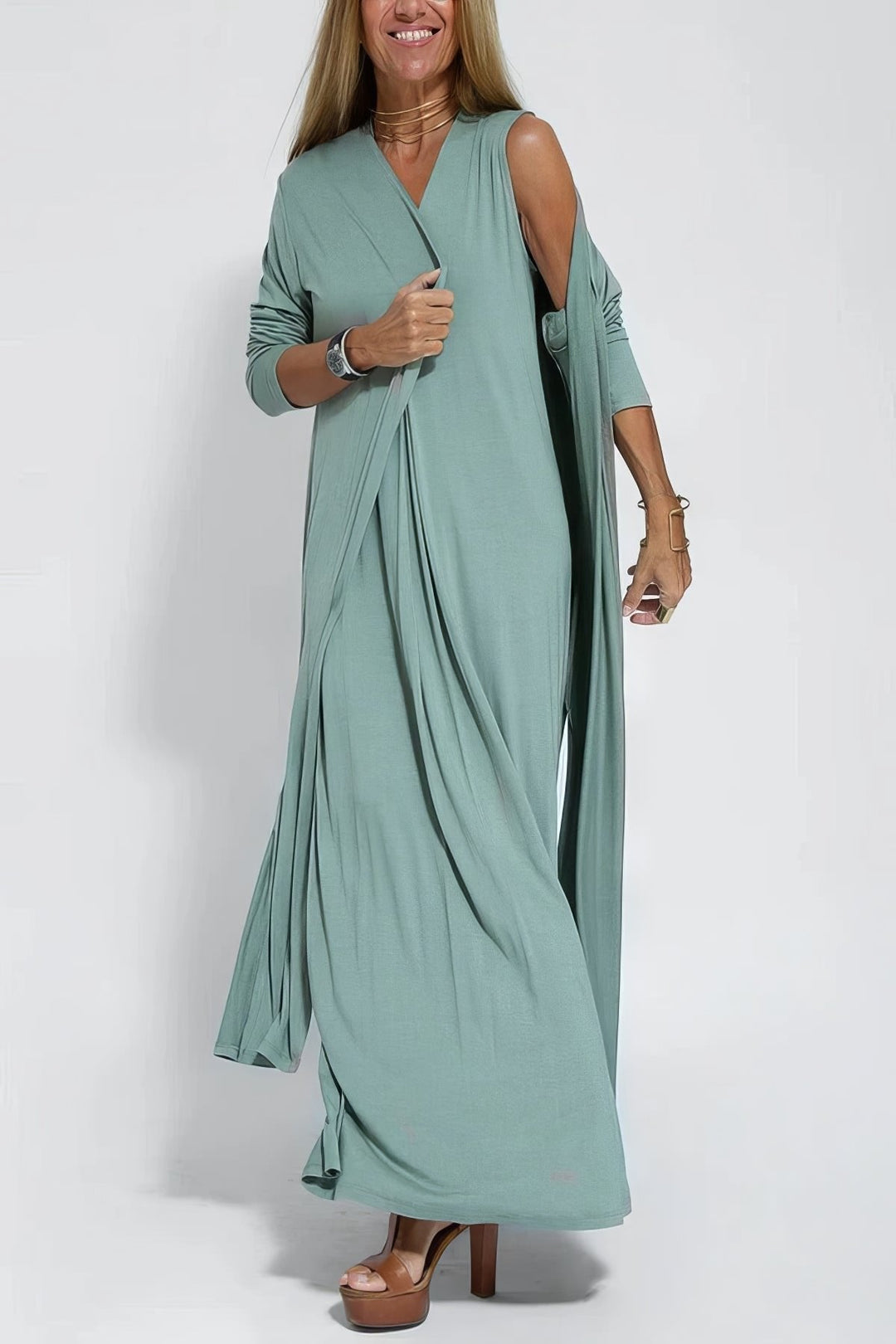 Mathilde | Plus Size Lang Kjole V-Hals Elegant Uten Ermer